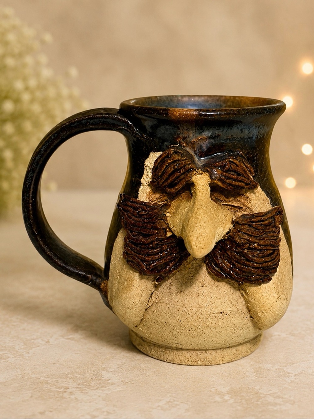 Vintage Handcrafted Pottery 3D Art Mug of Elderly Man's Face